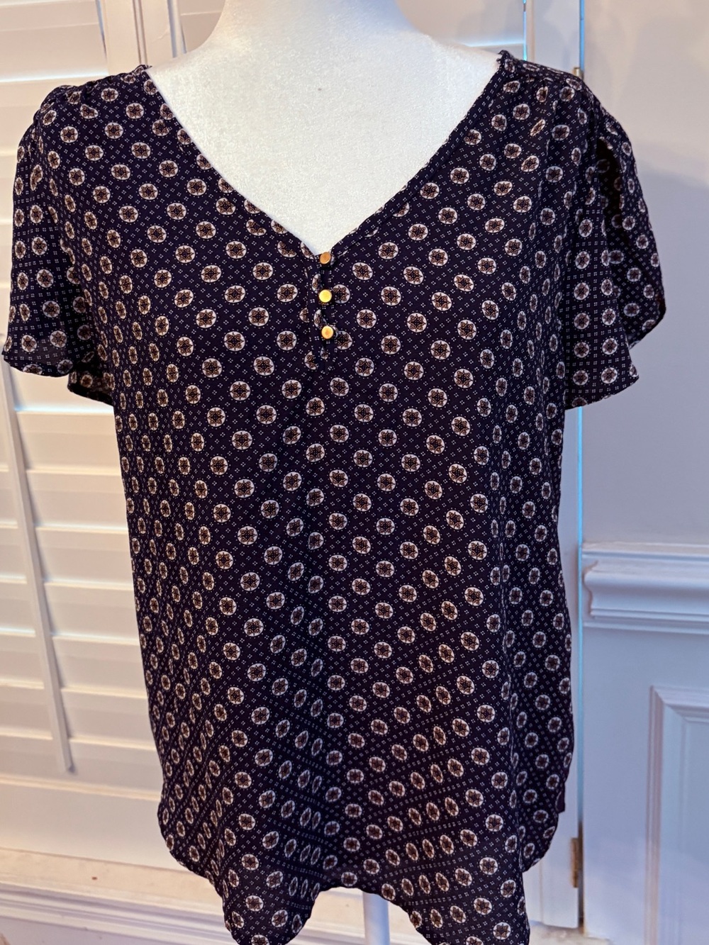 Tempted Navy V-Neck Short Flutter Sleeve Blouse with Dot Floral Print